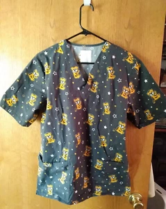 Tigers Basic 2 Pocket Scrub Top SZ Small, Black + Stars - Picture 1 of 14
