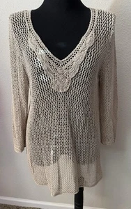 Tommy Bahama XL hellbraun Häkel transparent V-Ausschnitt Pullover Tunika Strick Top mit Glitzer Perlen - Bild 1 von 8