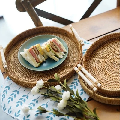1-Round Rattan Bread Basket Woven Serving Tray With Handles For Cracker GECL - Image 1 of 4