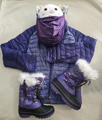 DREAM пары девочек фиолетовый/серебро звезды зимние снег ботинки 11 + LL Bean куртка 6/7 - Изображение 1 из 4