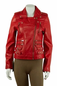 Chaqueta de motociclista ATTRACTION para mujer roja de cuero Napa ajustada corta de moda - Imagen 1 de 6