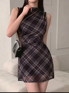 Women's Sleeveless Plaid Cinched Waist Mini Dress - Picture 1 of 1