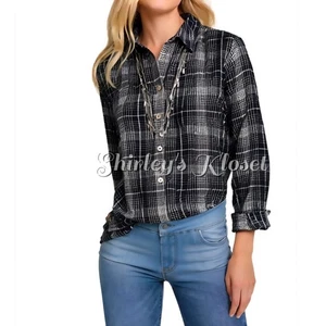 FOXCROFT Black Plaid Button-up Flannel Shirt Long Sleeve Relaxed size 12 (Large) - Picture 1 of 11