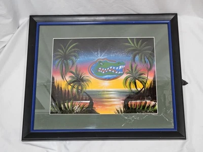 Florida Gators Spray Paint Art Sunset Beach Scene – Framed 26"×22" –Vibrant Neon - Image 1 of 4