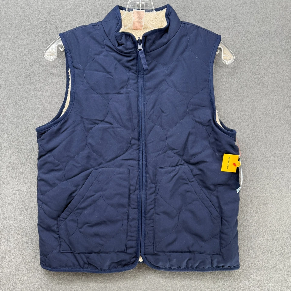 Cat & Jack Vest Jacket Boys Large Navy Blue Faux Fur Reversible Full Zip NWT - Imagem 1 de 4