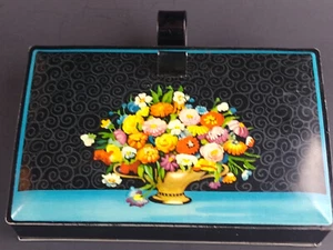Vintage Blechdose Metall Decoware Box Silent Butler Krümelschale Blumen Aqua Schwarz - Bild 1 von 11