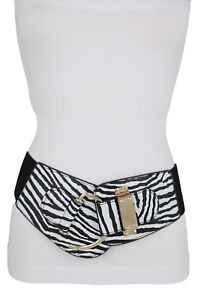 Women Black White Zebra Animal Print Elastic Waistband Belt Hook Buckle Fit L XL