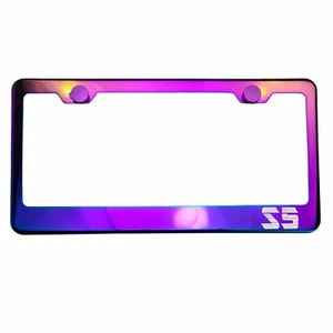 Polish Neo Neon Chrome License Plate Frame S5 Laser Etched Metal Screw Cap - Imagen 1 de 8
