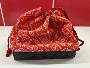 Vintage Red Shibori Takekago Bamboo Basket Kinchaku Drawstring Handbag Pouch - Picture 1 of 9