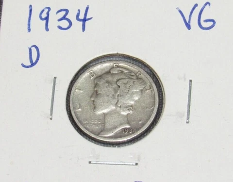 Silver 1934 d Denver Mint 10 Cent Winged Mercury Dime good cond. old coin Cover