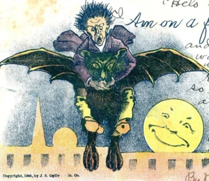 1907 Man Warlock Riding Huge Bat Town Full Moon J S Ogilvie Halloween Postcard - Picture 1 of 3