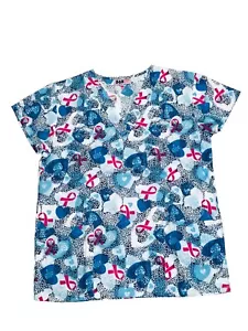 Womens Fashion Medical Nursing Scrub Print Tops Blue Hearts Dots Ribbons L - Picture 1 of 2