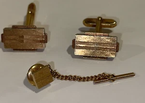 Cufflinks Gold steel Color cuff Men's Set Gold Bar Design W/ Tie Pin VTG - Bild 1 von 6