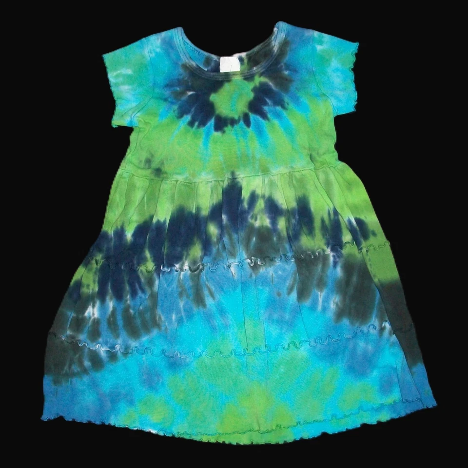 Tie Dye Ruffled Dress Blue Green Sunburst 2T Cap Sleeves Toddler Hippie Tye Dyed - Image 1 of 1