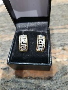 14 K Yellow/white Half Hoop Greek Earrings with diamonds 
