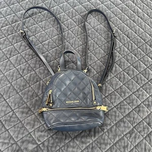 Michael Kors Mini Backpack Purse Women Rhea Quilted Leather Navy Blue - Picture 1 of 9