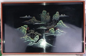 Bandeja de laca de madera vintage plato para servir años 70-80 China paisaje negro escénico - Imagen 1 de 6