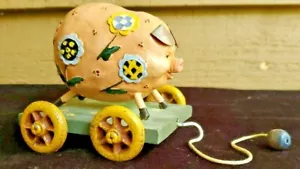 Vintage-Look Whimsical Folk Resin Pig on a Wooden Cart Cast Iron Wheels Pull Toy - Picture 1 of 10