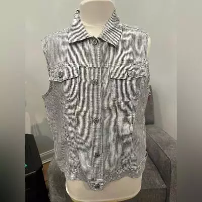 Colete de linho Kenar novo com etiquetas GG cinza branco listra tique-taque botão colarinho frontal sem escanetes - Imagem 1 de 4