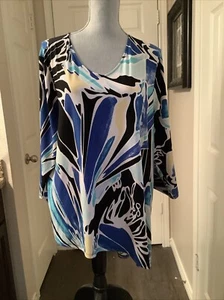 Chico’s 3 XL Black Blue White Stripe Asymmetrical tunic 3/4 sleeve V-neck - Picture 1 of 7