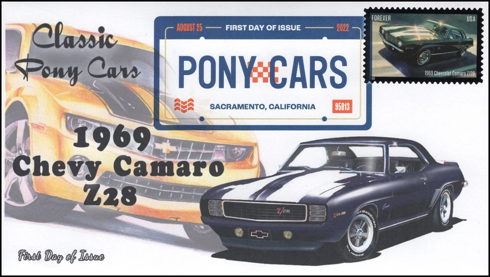 22-187, 2022 , Pony Cars, Digital Color Postmark, First Day Cover, 1969 Chevy  - Image 1 of 1