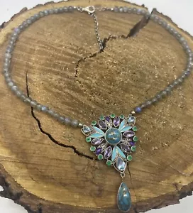 Labrodite & Multi Gem Pendant Bead Necklace in Sterling 18-22”GORGEOUS!! - Picture 1 of 6