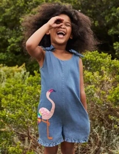 Mini Boden Bow Shoulder Appliqué Chambray Flamingo Romper BLUE Sz 7-8 - Picture 1 of 13