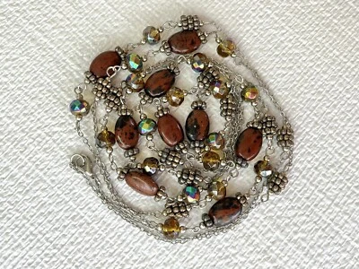 Very Long Bead Necklace Earth Tones Glass & Ceramic Stationed Beads Double Quad. - Image 1 of 4