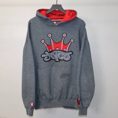 Suéter Vintage Y2K JNCO Jeans Corona Sudadera con Capucha Bordada Gris Rojo Talla Mediana Foto 1 de 4