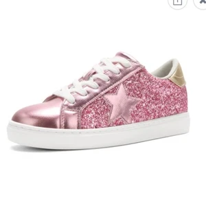 Women’s Size 7 Pink Sparkly Lace Up Fashion Sneakers with Star Embellishment - Picture 1 of 7