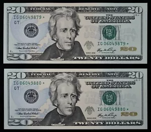 ENGRAVING ERROR $20 2006 Gem CU Star Federal Reserve Notes IG06049879*-80* - Picture 1 of 5