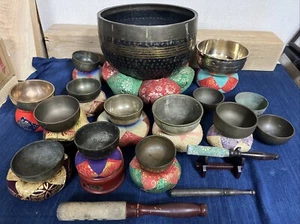 Buddhist Rin Bell Japanese Temple Orin Singing Bowl Antique Set Rare - Picture 1 of 24