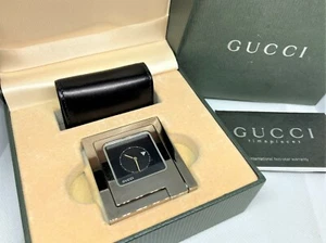 Working! Auth GUCCI Square Travel Table Clock & Leather Case Set Quartz Silver - Picture 1 of 12