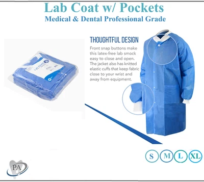 10 PCS DISPOSABLE BLUE LAB COAT, 3 POCKETS , LARGE, UNISEX, Knee Length - Image 1 of 4