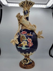 Antique Amphora Majolica Vase Bernard Bloch Figural Siren Mermaid 2 Tail Lotus - Picture 1 of 16