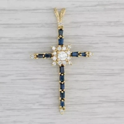 Colgante Cruz Zafiro Azul Simulado Corte Baguette 2Ct Chapado en Oro Amarillo 14k Foto 1 de 4
