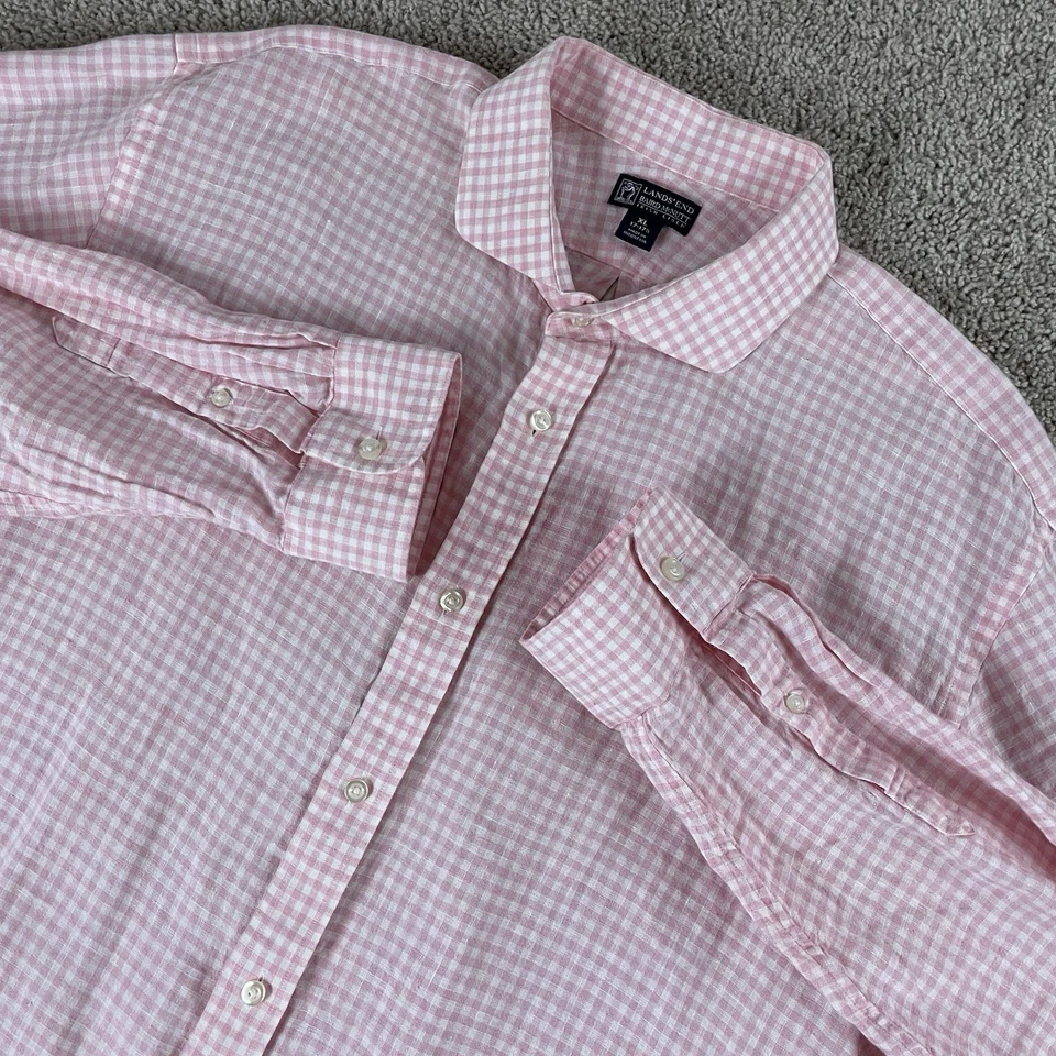 Lands End Baird McNutt Shirt Mens XL Irish Linen Pink Gingham Button Down T573 - Image 1 of 4