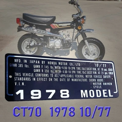 HONDA CT70 / CT70H YEAR 1977 HEADTUBE TAG FRAME ID DATA PLATE WITH YOUR # RAISED - Image 1 of 2