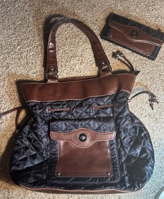 Liz Claiborne Black Quilted Shoulder Bag Matching Wallet Vintage - Image 1 of 4