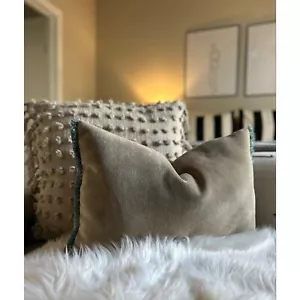 Custom Made 21.5”x14” Taupe Throw Pillows Suede Like Material Blue Fringe Trim - Picture 1 of 5