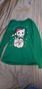 Children's Place Girls Green Christmas Cat In Wreath Long Sleeve Shirt/SizeXL 14 - Picture 1 of 7