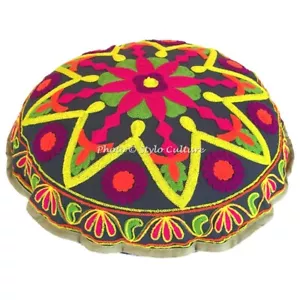 Round Multicolor Floor Cushion Embroidered Suzani Floor Pillow 18 in Decorative - Picture 1 of 6
