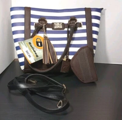 *New* All Leather  Bulldog Conceal Carry Purse Navy Stripe Lockable W/ Holster - Image 1 of 4