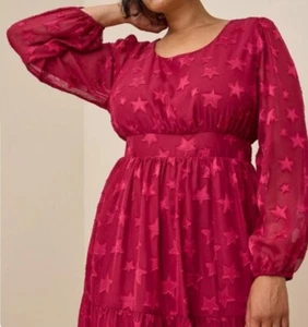 Torrid 00 M/L Midi Dot Chiffon Tiered Dress Scoop Neck Burgundy Pockets *NWT* - Picture 1 of 7