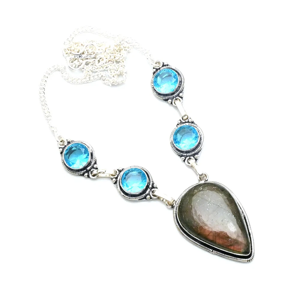 Labradorite Blue Topaz Gemstone Ethnic Handmade Necklace Jewelry 28 Gms AN 11827 - Image 1 of 1