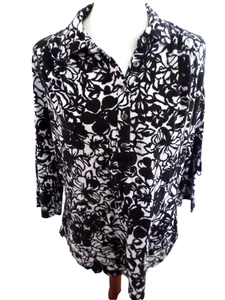 Ladies Size 1X Studio Works Black Floral on White Cotton Modal Collared Top - Picture 1 of 3