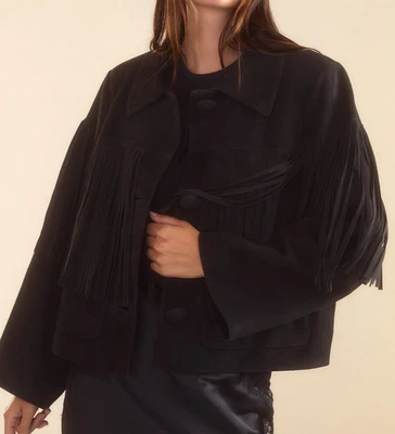 Black Suede Fringe Leather Jacket for Women Biker Size S M L XL XXL Custom Made - Image 1 of 4