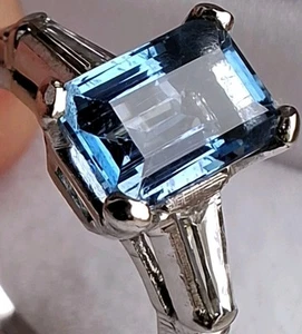 Platinum Art Deco Emerald Cut Aquamarine Diamond Engagement Dress Ring Size L/M  - Picture 1 of 9