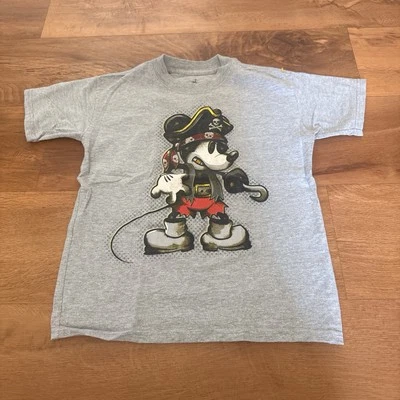 Youth Size Small Disney Parks by Hanes Gray Grey Pirate Mickey Mouse T-Shirt Top - Image 1 of 4