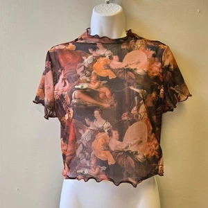 Women’s Art Print Sheer Mesh Crop Top Artsy Renaissance Art XL - Picture 1 of 7